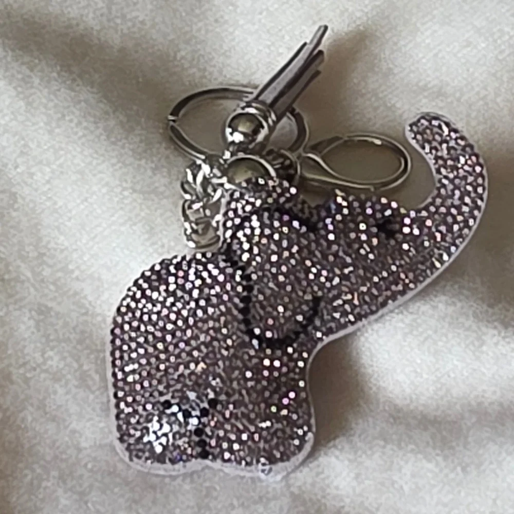 Grey Rhinestone Elephant Bag Charm Keychain with Tassel Silver Tone Hardware